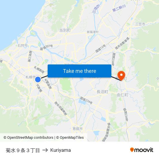 菊水９条３丁目 to Kuriyama map