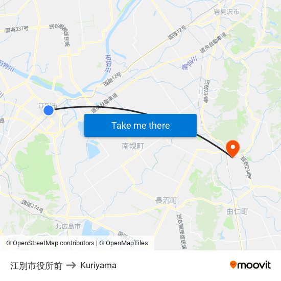 江別市役所前 to Kuriyama map