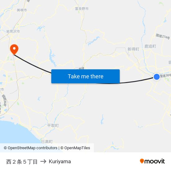 西２条５丁目 to Kuriyama map