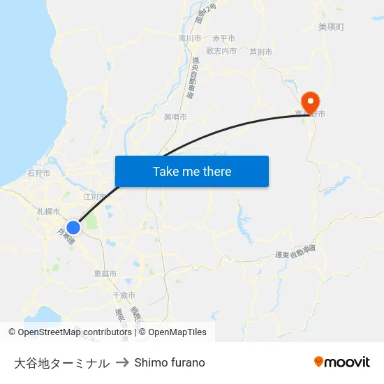 大谷地ターミナル to Shimo furano map