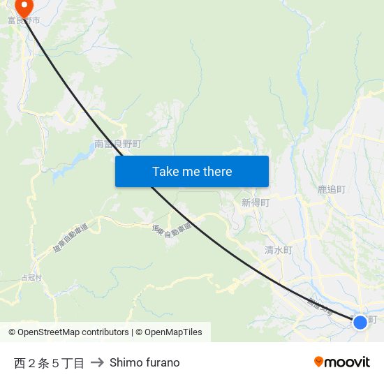 西２条５丁目 to Shimo furano map