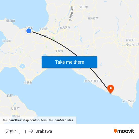 天神１丁目 to Urakawa map