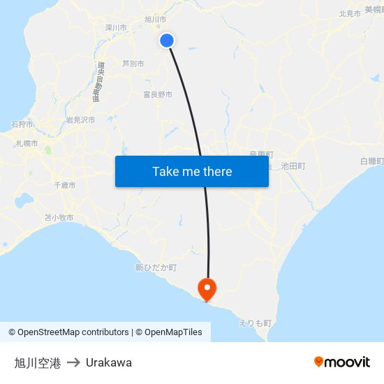 旭川空港 to Urakawa map