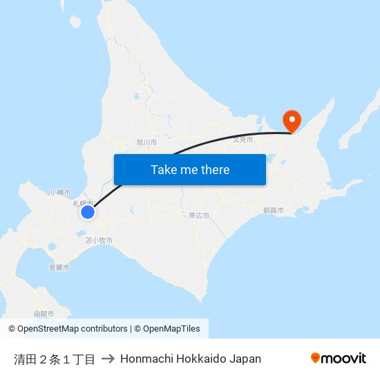 清田２条１丁目 to Honmachi Hokkaido Japan map