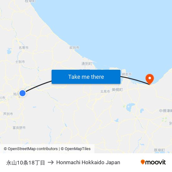 永山10条18丁目 to Honmachi Hokkaido Japan map