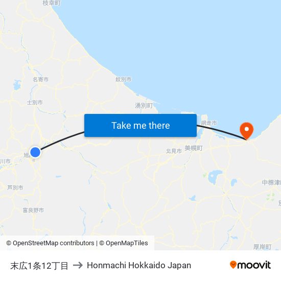 末広1条12丁目 to Honmachi Hokkaido Japan map