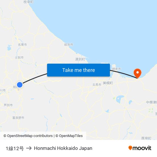 1線12号 to Honmachi Hokkaido Japan map