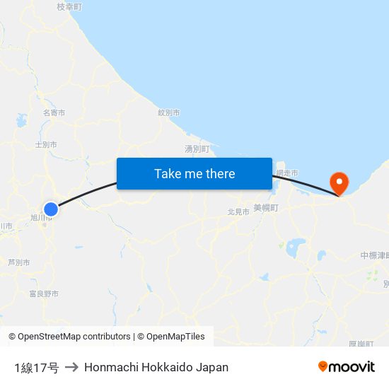 1線17号 to Honmachi Hokkaido Japan map