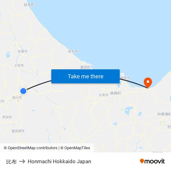 比布 to Honmachi Hokkaido Japan map