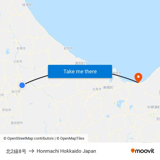 北2線8号 to Honmachi Hokkaido Japan map