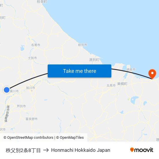 秩父別2条8丁目 to Honmachi Hokkaido Japan map