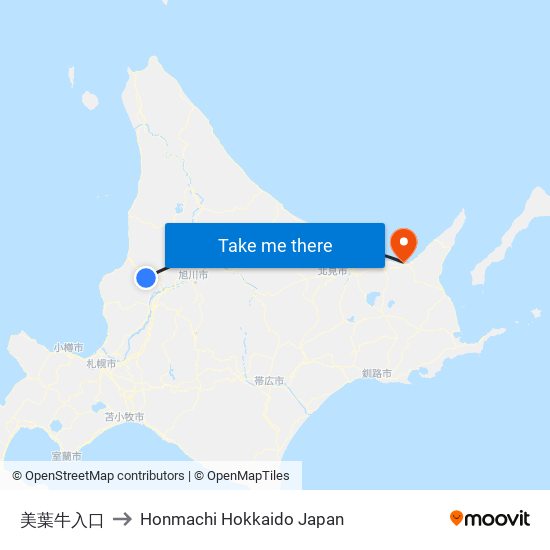 美葉牛入口 to Honmachi Hokkaido Japan map