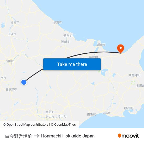 白金野営場前 to Honmachi Hokkaido Japan map