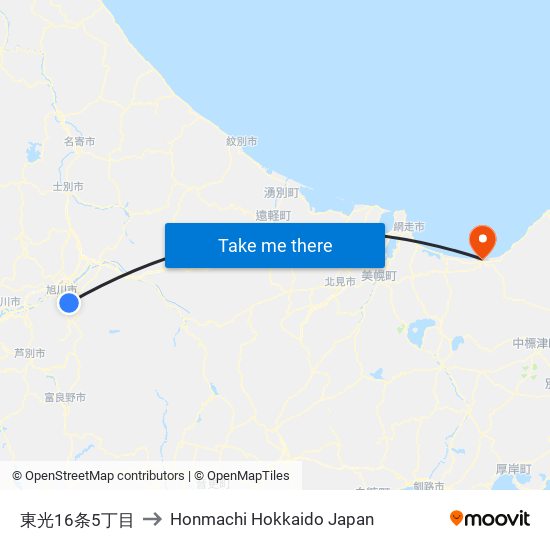 東光16条5丁目 to Honmachi Hokkaido Japan map