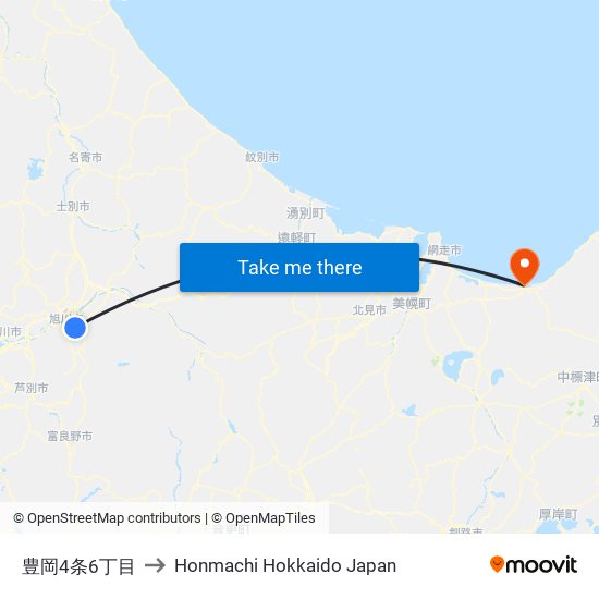 豊岡4条6丁目 to Honmachi Hokkaido Japan map