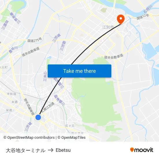 大谷地ターミナル to Ebetsu map