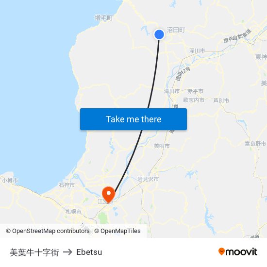美葉牛十字街 to Ebetsu map