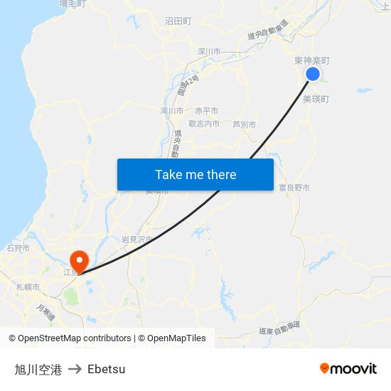 旭川空港 to Ebetsu map