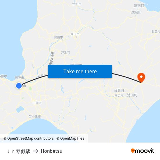 Ｊｒ琴似駅 to Honbetsu map