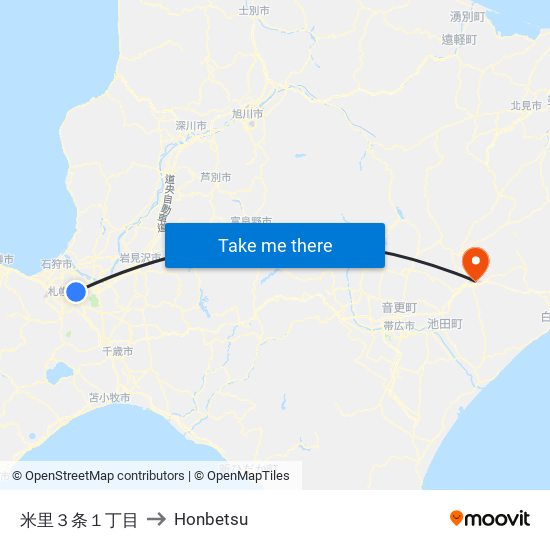 米里３条１丁目 to Honbetsu map