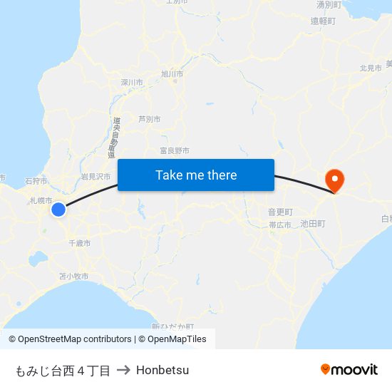 もみじ台西４丁目 to Honbetsu map