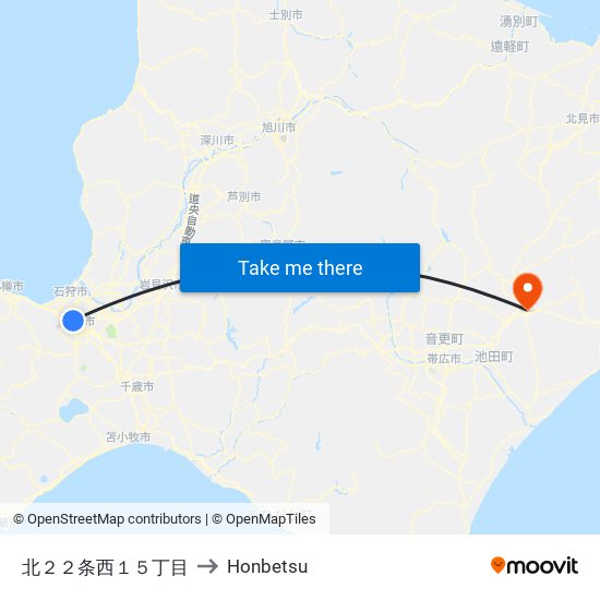 北２２条西１５丁目 to Honbetsu map