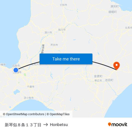 新琴似８条１３丁目 to Honbetsu map