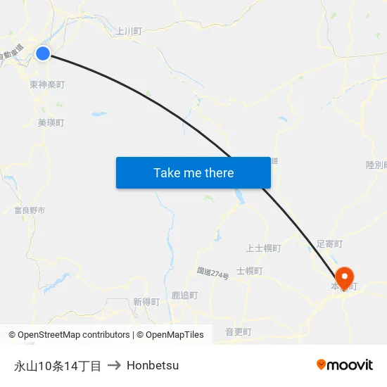 永山10条14丁目 to Honbetsu map
