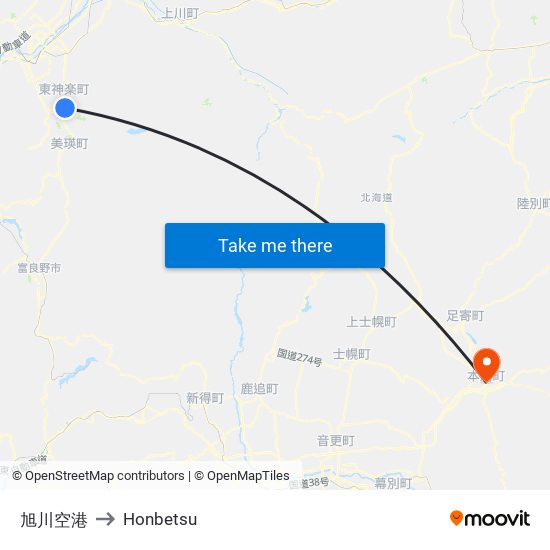 旭川空港 to Honbetsu map