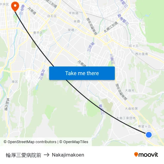 輪厚三愛病院前 to Nakajimakoen map