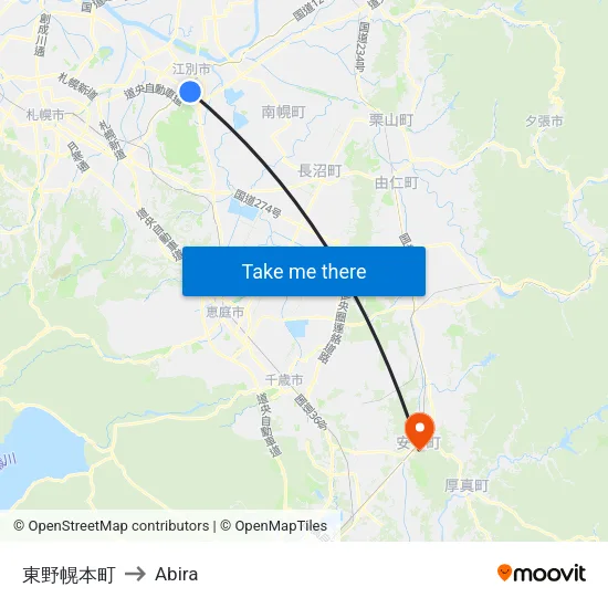 Higashi-Nopporo-Honcho to Abira map