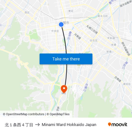 北１条西４丁目 to Minami Ward Hokkaido Japan map