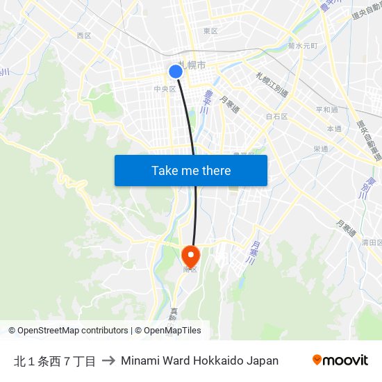 北１条西７丁目 to Minami Ward Hokkaido Japan map