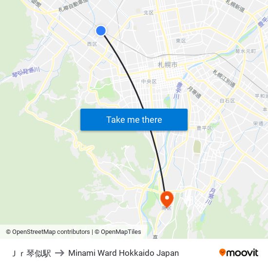 Ｊｒ琴似駅 to Minami Ward Hokkaido Japan map