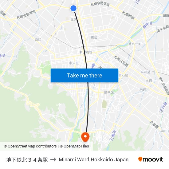 地下鉄北３４条駅 to Minami Ward Hokkaido Japan map
