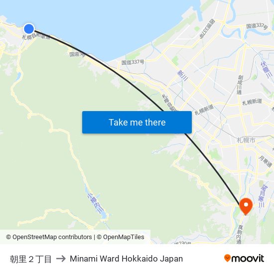 朝里２丁目 to Minami Ward Hokkaido Japan map