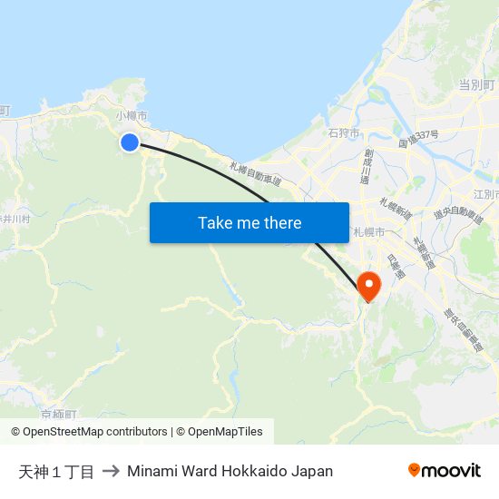 天神１丁目 to Minami Ward Hokkaido Japan map