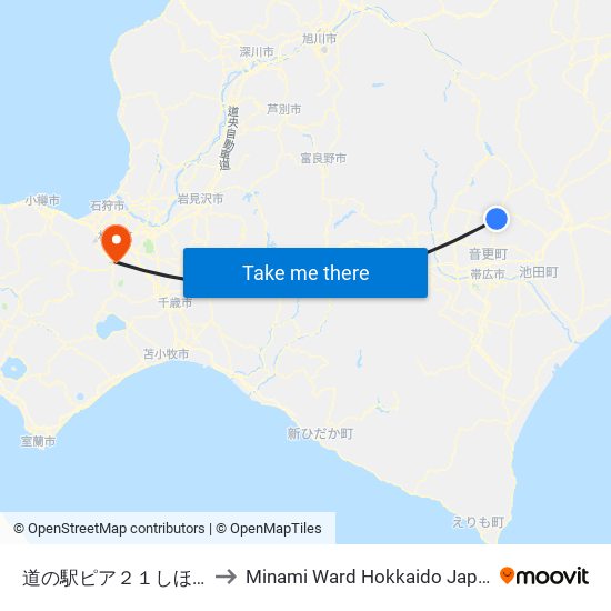 道の駅ピア２１しほろ to Minami Ward Hokkaido Japan map