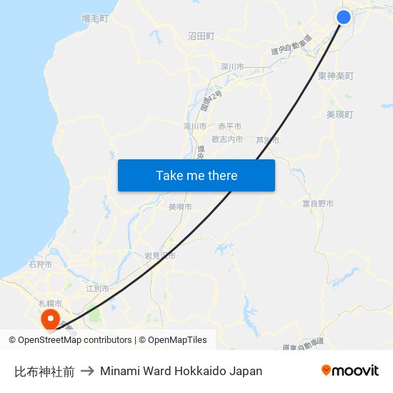 比布神社前 to Minami Ward Hokkaido Japan map