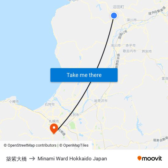 築紫大橋 to Minami Ward Hokkaido Japan map