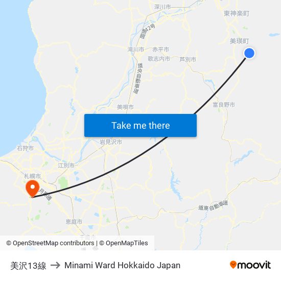 美沢13線 to Minami Ward Hokkaido Japan map