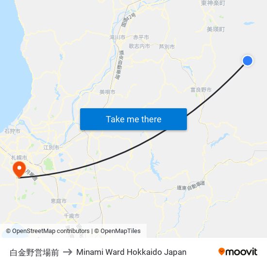 白金野営場前 to Minami Ward Hokkaido Japan map