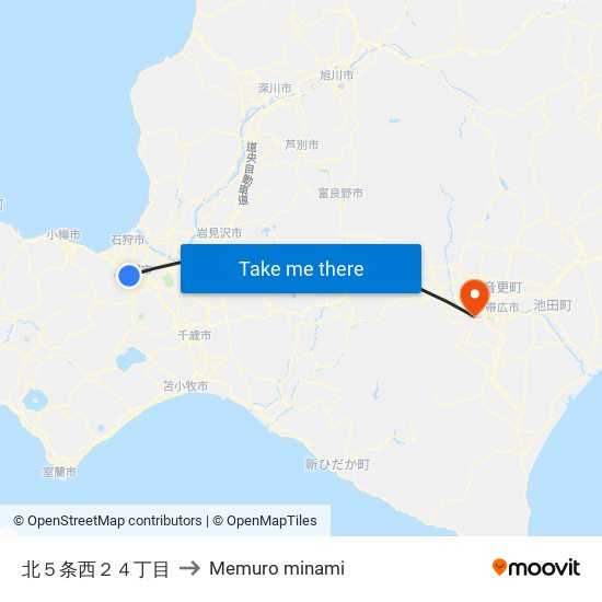 北５条西２４丁目 to Memuro minami map