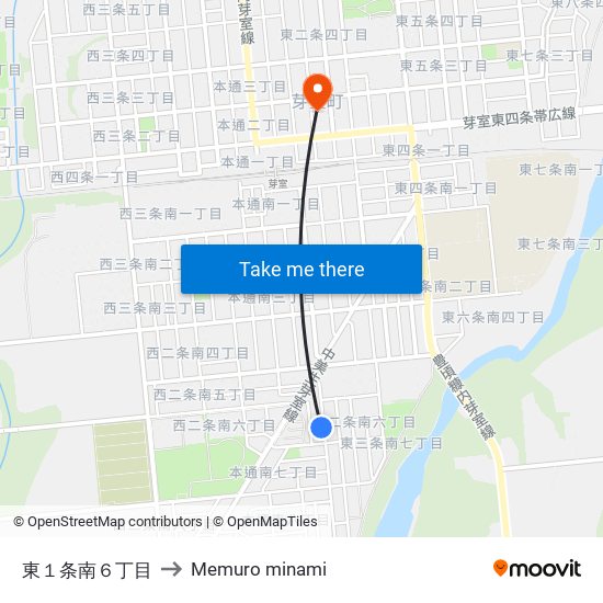 東１条南６丁目 to Memuro minami map