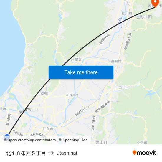 North 18-jo West 5-chome to Utashinai map