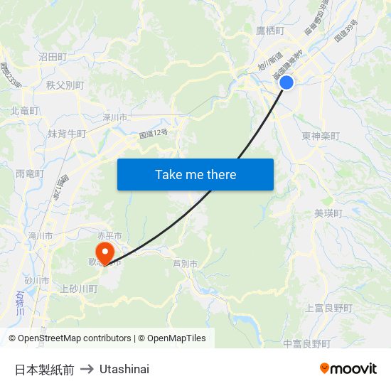 日本製紙前 to Utashinai map