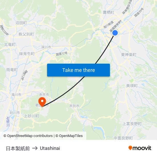 日本製紙前 to Utashinai map