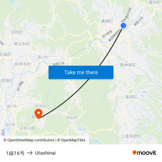 1線16号 to Utashinai map