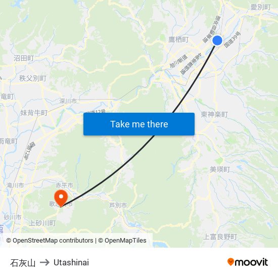 石灰山 to Utashinai map