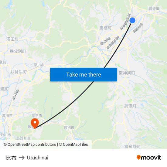 比布 to Utashinai map